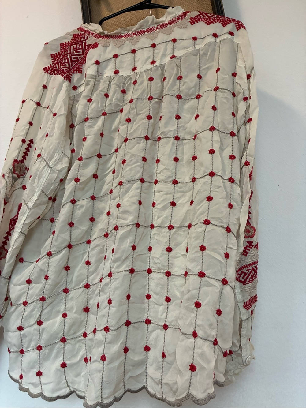 Johnny Was Cream Button-Down Blouse with Red Embroidery P2P -25” - Picture 3 of 4